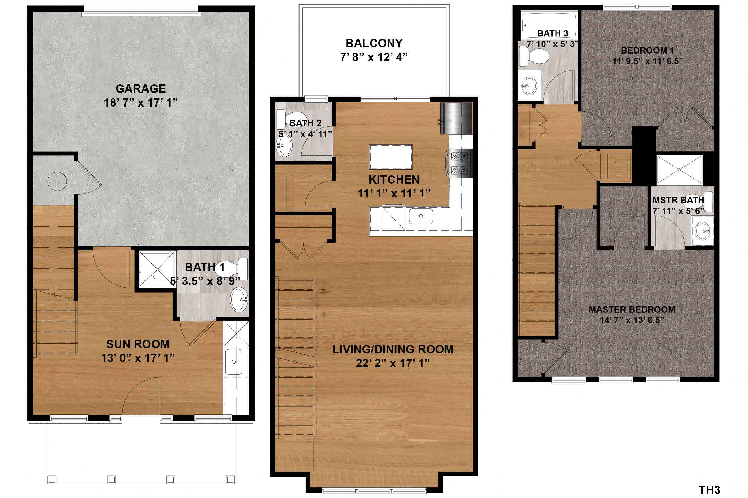 Floor plan for 2 beds, 3.5 baths, 1397 sqft